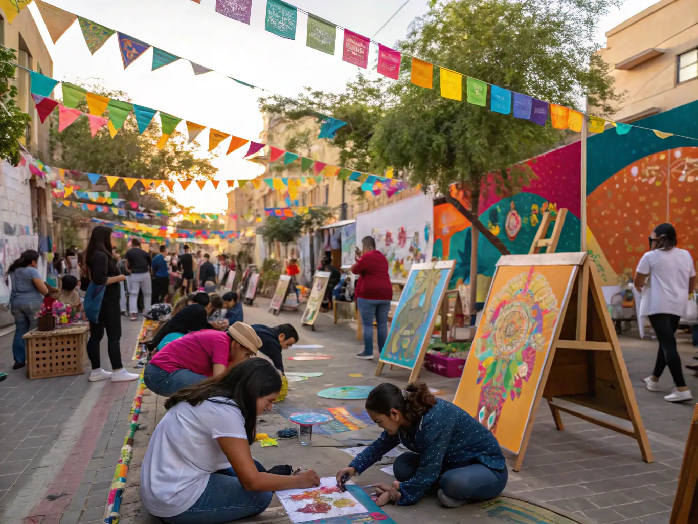 A vibrant scene of community members participating in a cultural festival with volleyball activities, traditional music, and food stalls, celebrating community spirit and cultural exchange.
