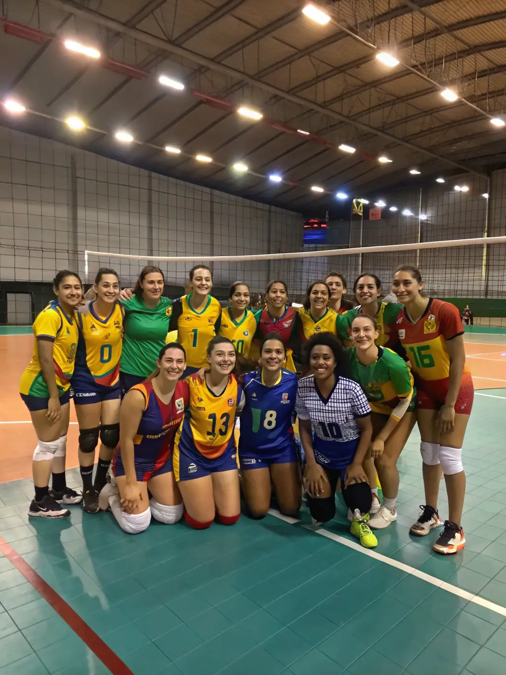 A group of diverse individuals high-fiving after a successful volleyball play, symbolizing teamwork and camaraderie.