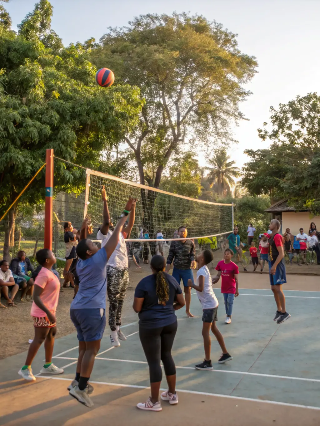 A diverse group of people participating in a recreational volleyball game at a community event, emphasizing inclusivity.